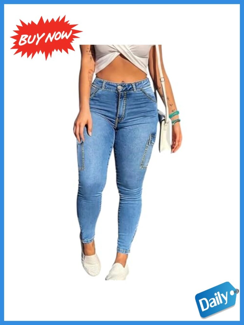 High Waisted Skinny Cargo Denim Jeans Stretch Slim Fit Pants
